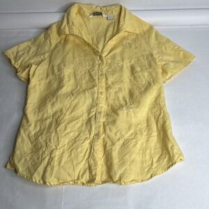 Tweeds‎ Women's 100% Linen Embroided Button-up Shirt Yellow Short Sleeve L